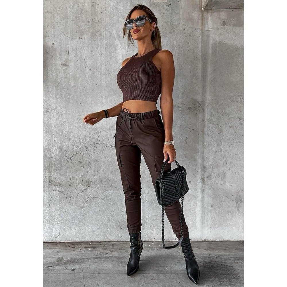 Brown Faux Leather Vegan Leather High Waist Cargo Utility Joggers Jogger Pants - Picture 2 of 10